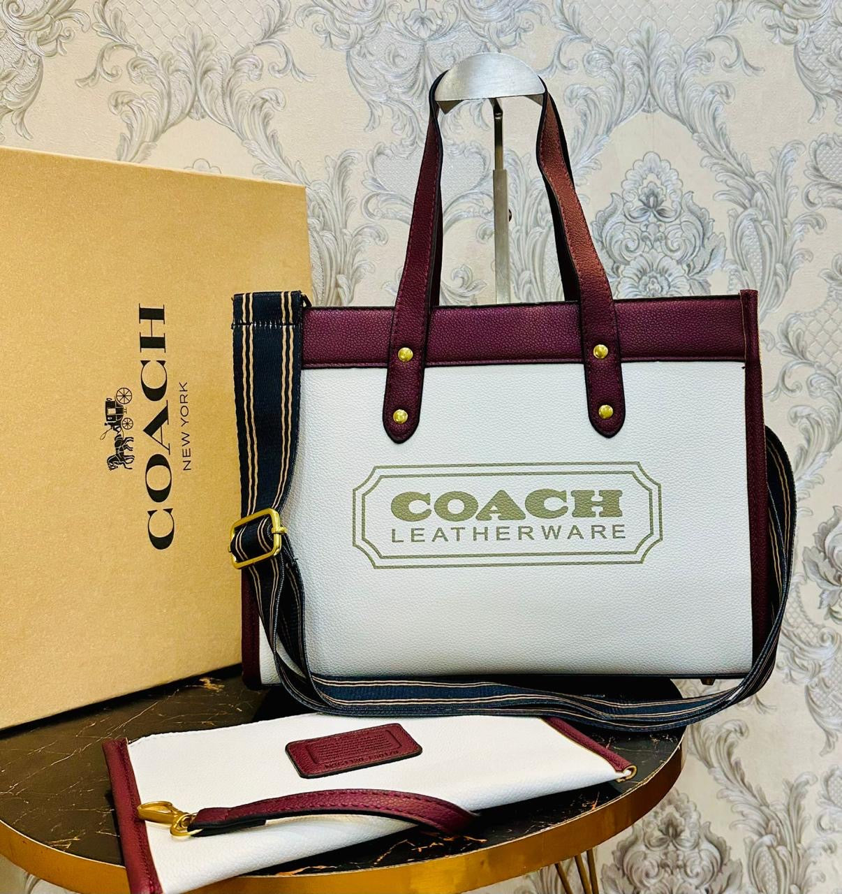 COACH Field Tote 30 in Purple White Leatherware