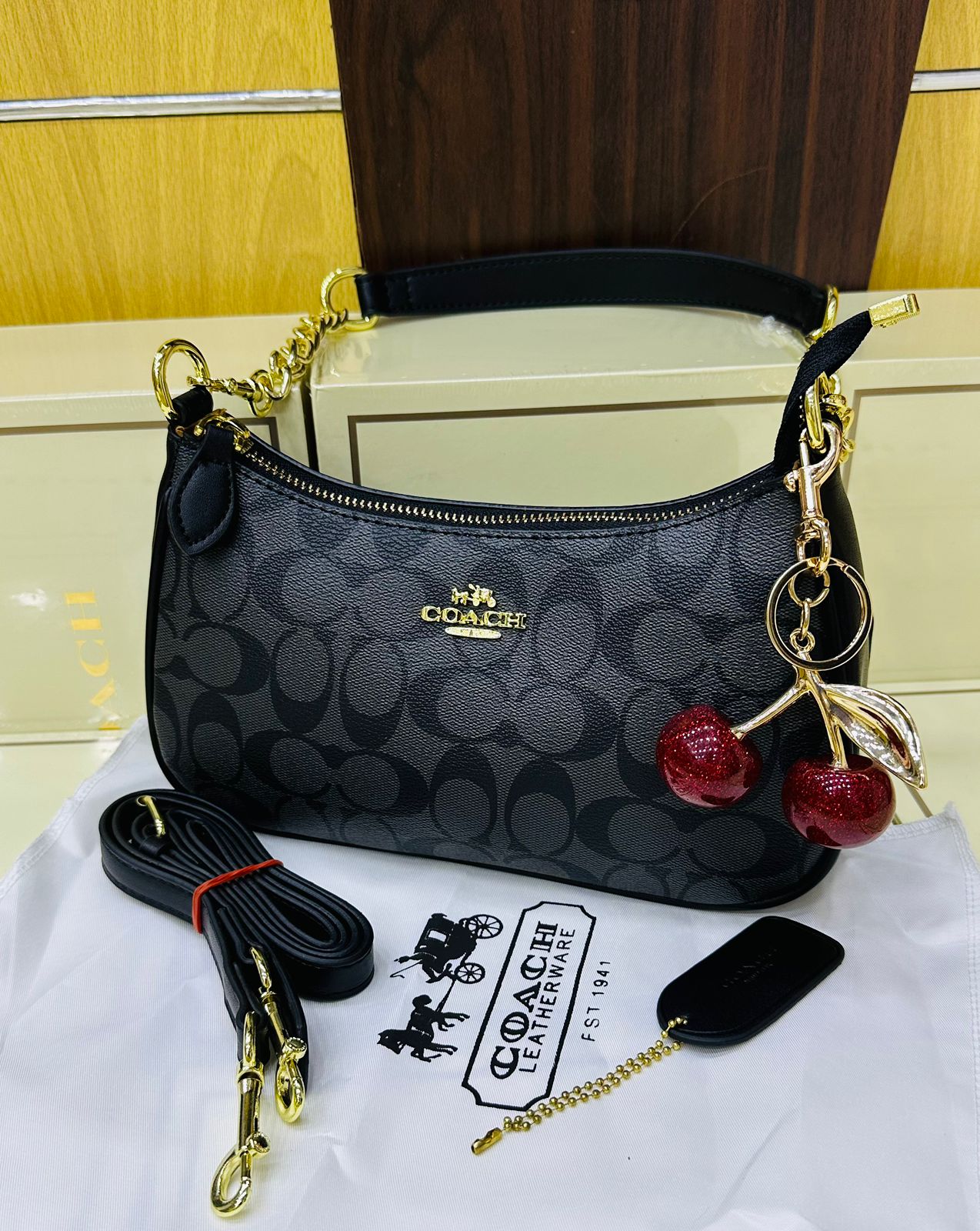 Coach Teri Shoulder Bag In Signature Canvas with Cherry Charm