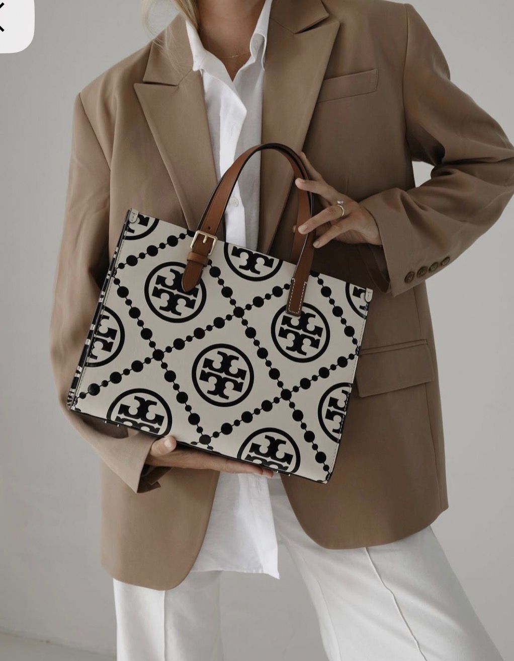 Tory Burch T Monogram Contrast Embossed Tote Bag (Cream)