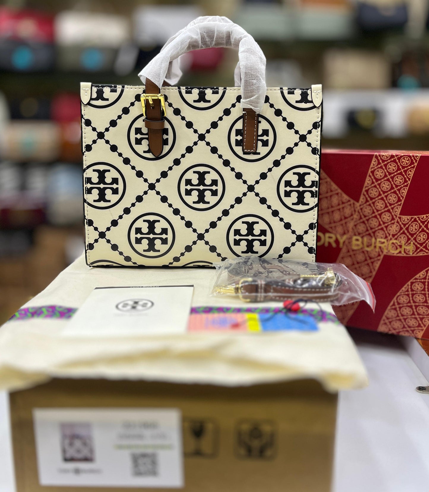 Tory Burch T Monogram Contrast Embossed Tote Bag (Cream)