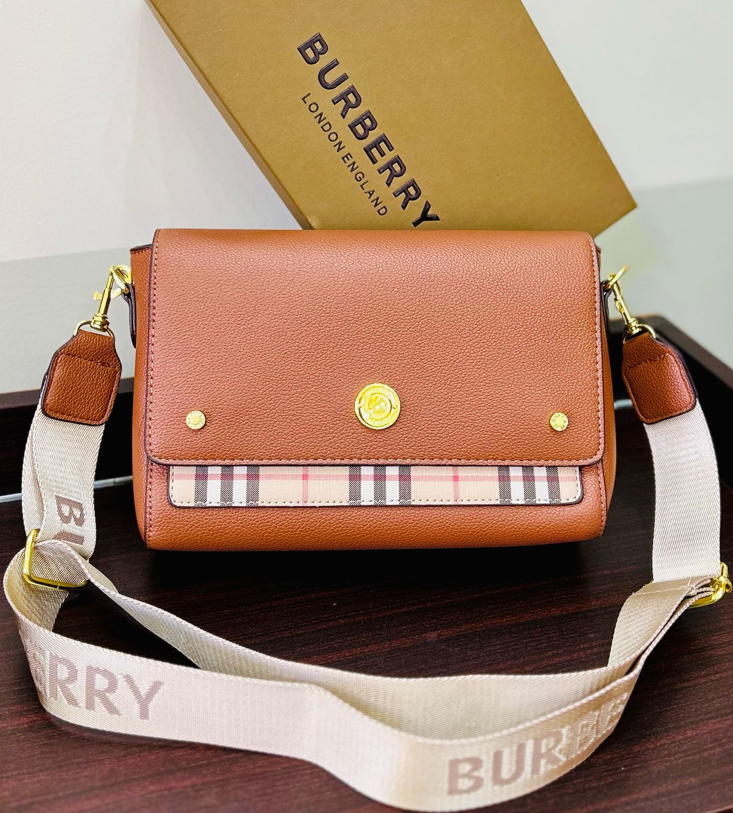 BURBERRY Pebbled Leather Vintage Check Crossbody Bag