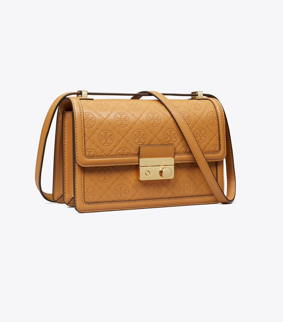 Tory Burch T Monogram Pebbled Leather Shoulder Bag (Brown)