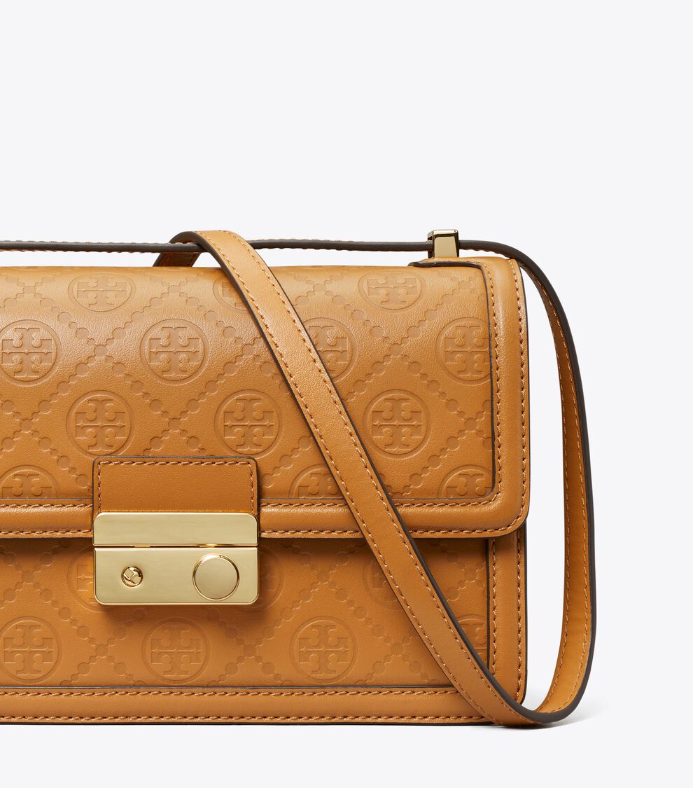 Tory Burch T Monogram Pebbled Leather Shoulder Bag (Brown)