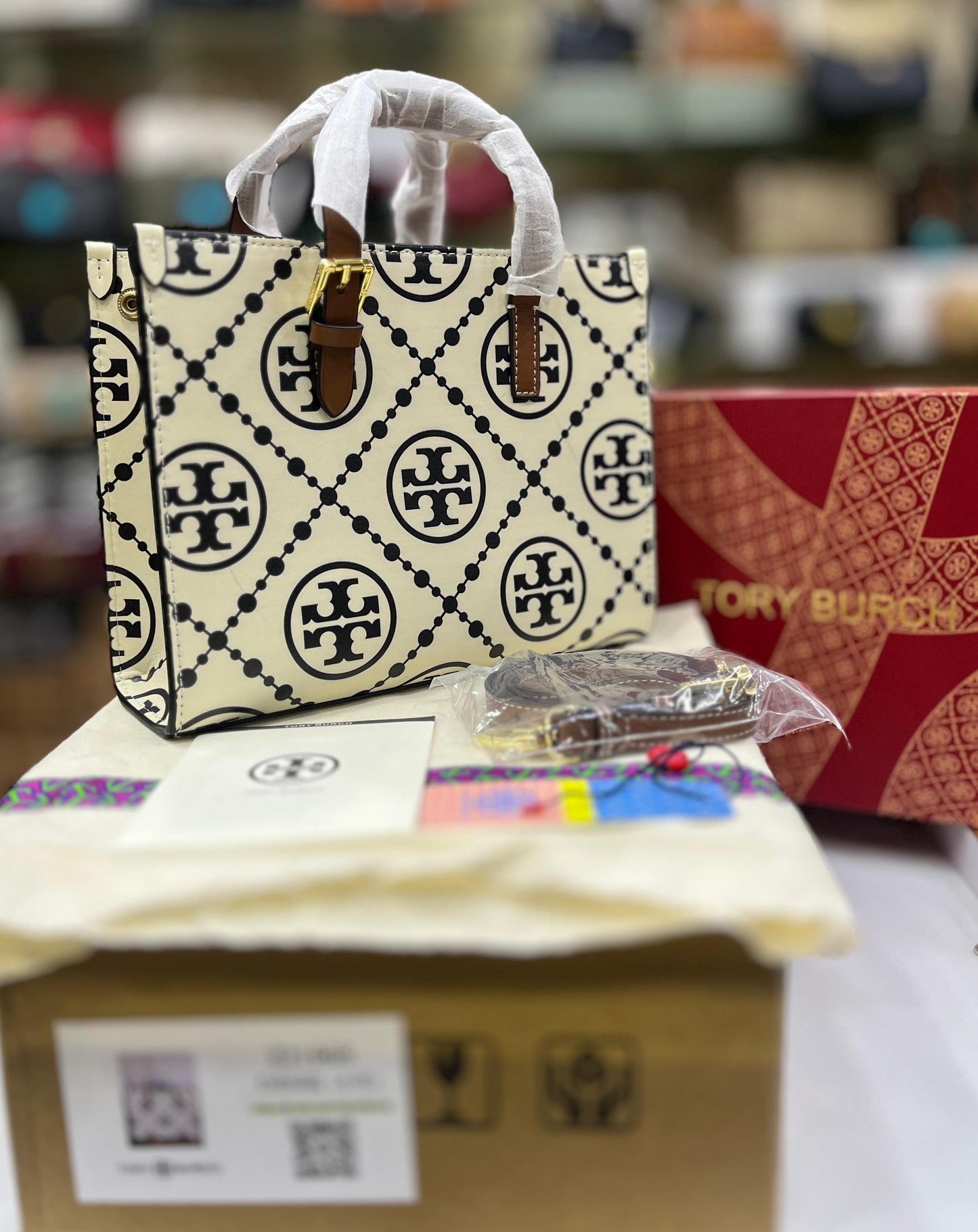 Tory Burch T Monogram Contrast Embossed Tote Bag (Cream)