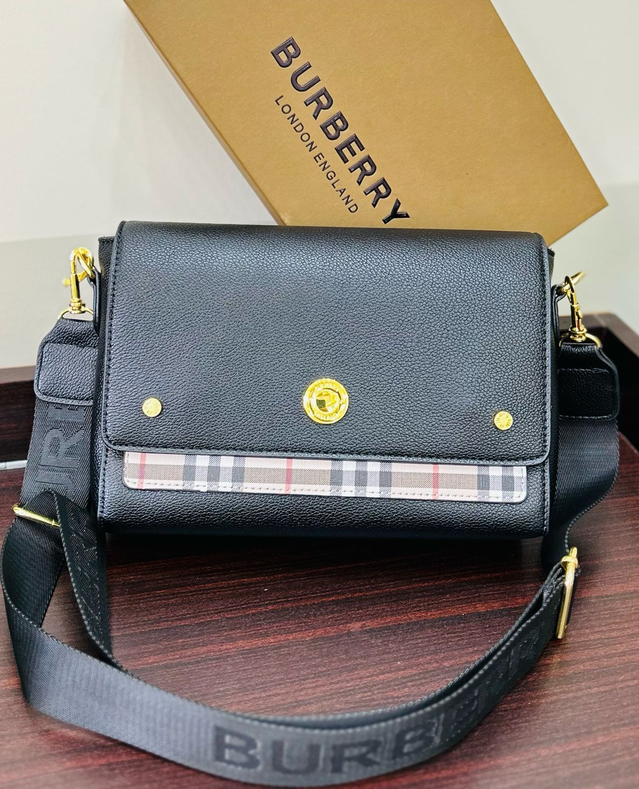 BURBERRY Pebbled Leather Vintage Check Crossbody Bag