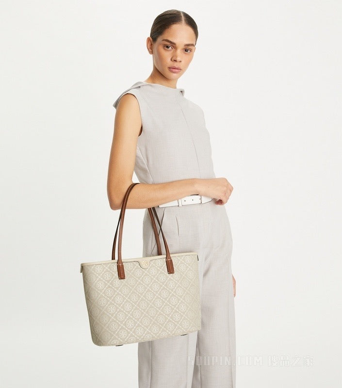 Tory Burch T Monogram Tote Bag in White