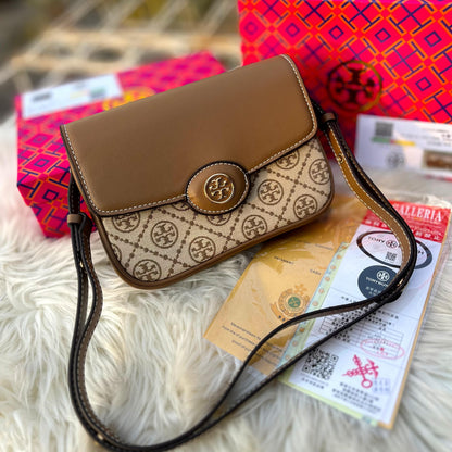 Tory Burch Robinson T Monogram Convertible Shoulder Bag in Beige