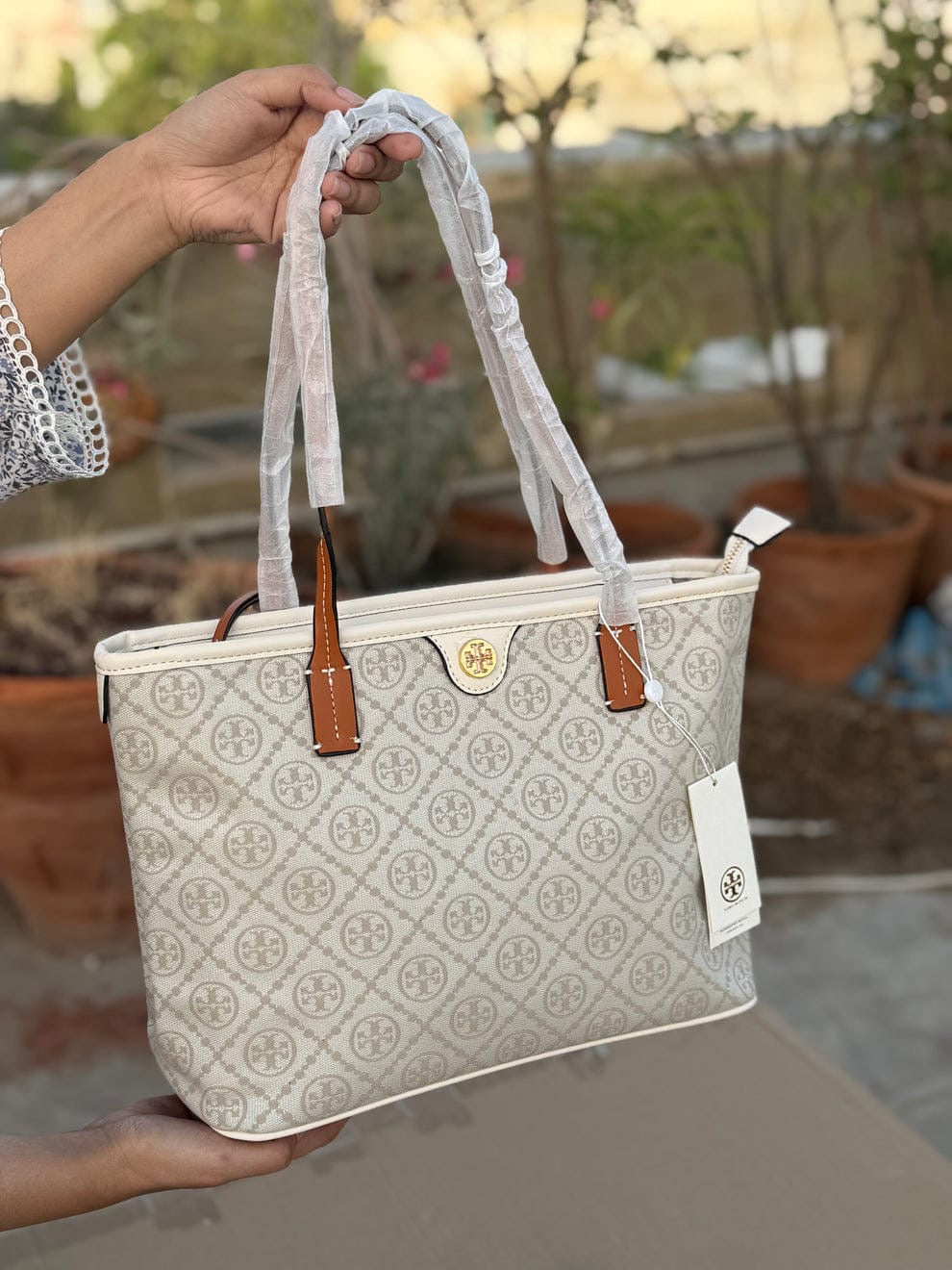 Tory Burch T Monogram Tote Bag in White