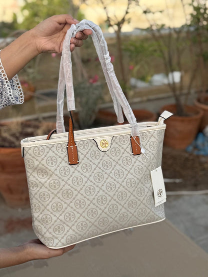 Tory Burch T Monogram Tote Bag in White