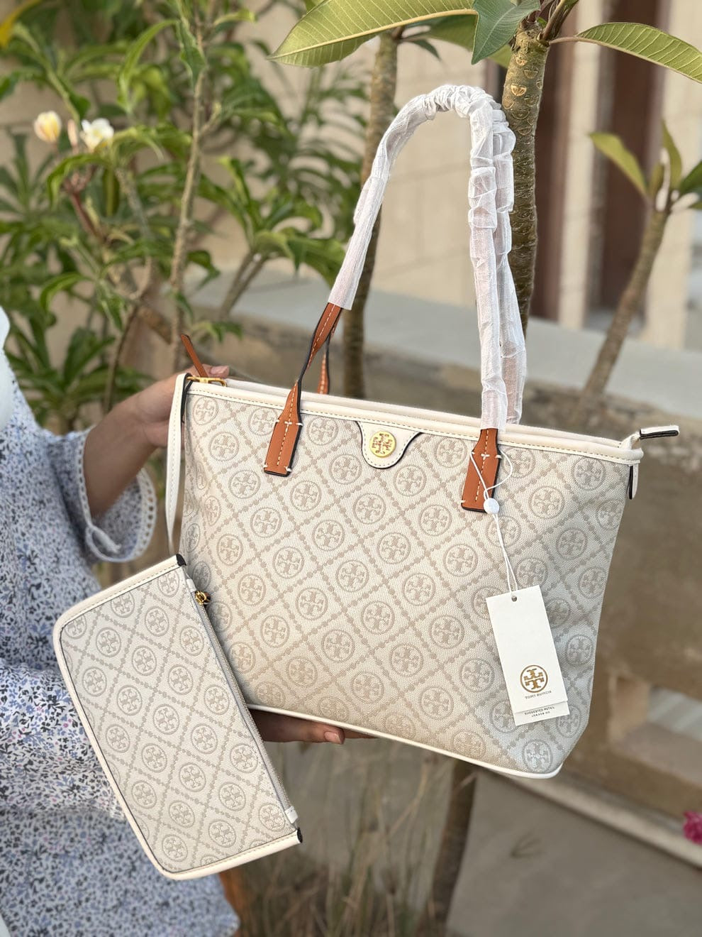 Tory Burch T Monogram Tote Bag in White