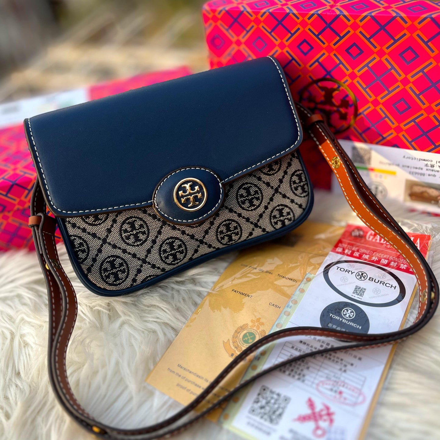 Tory Burch Robinson T Monogram Convertible Shoulder Bag in Blue