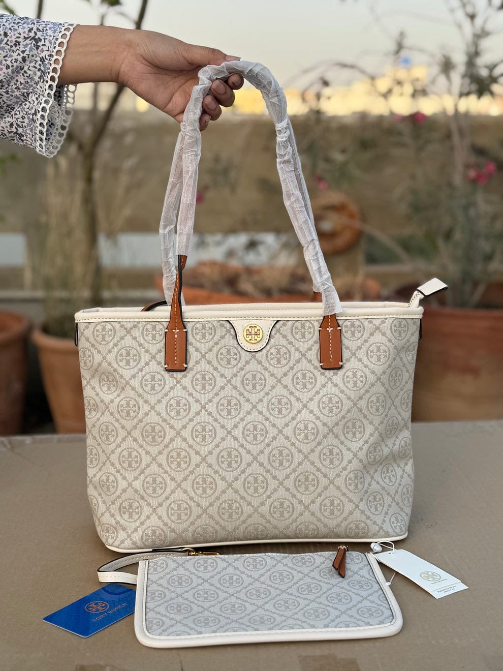 Tory Burch T Monogram Tote Bag in White