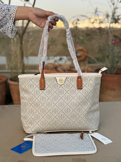 Tory Burch T Monogram Tote Bag in White