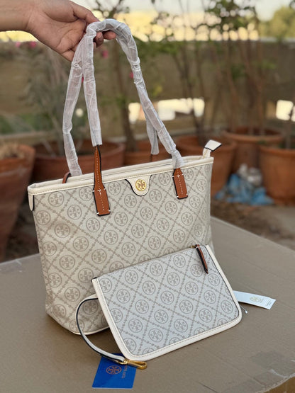 Tory Burch T Monogram Tote Bag in White