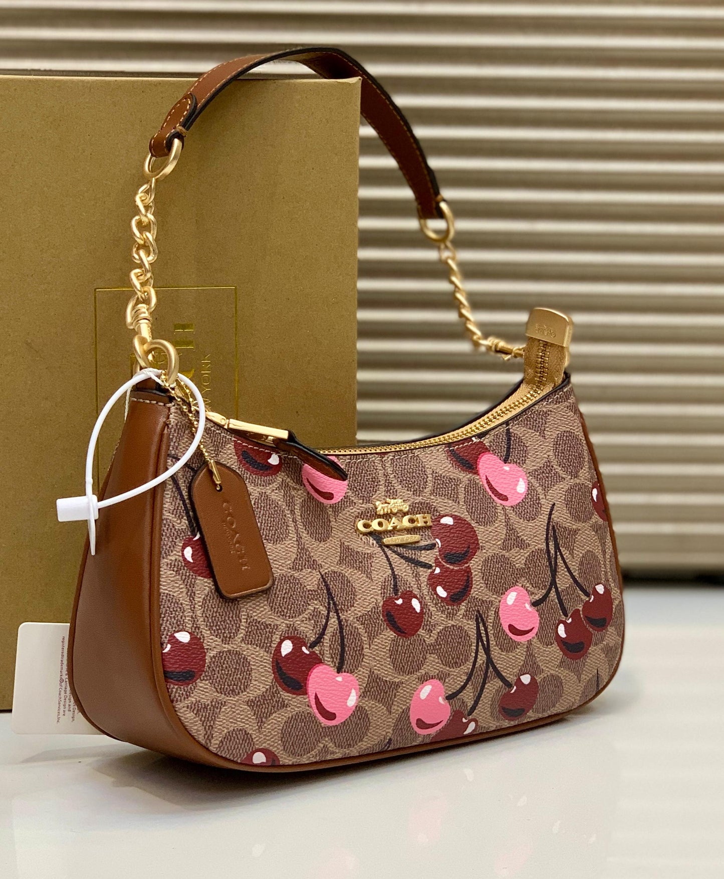 Coach Teri Shoulder Bag Brown Canvas Cherry Design