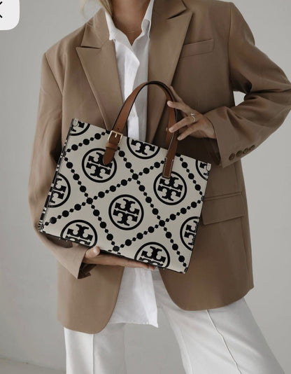 Tory Burch T Monogram Contrast Embossed Tote Bag (Cream)