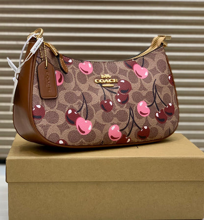 Coach Teri Shoulder Bag Brown Canvas Cherry Design
