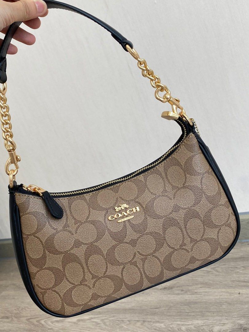 Coach Teri Shoulder Bag Black with Beige Canvas