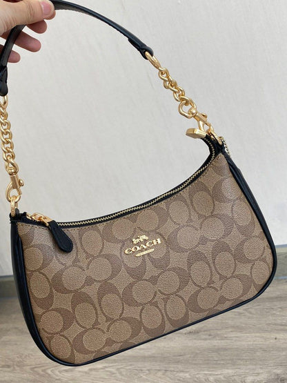 Coach Teri Shoulder Bag Black with Beige Canvas
