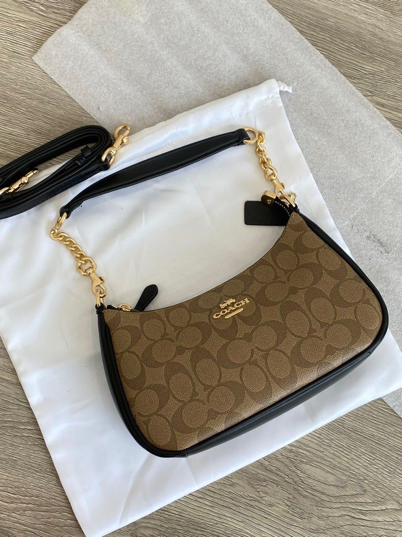 Coach Teri Shoulder Bag Black with Beige Canvas