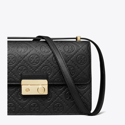 Tory Burch T Monogram Pebbled Leather Shoulder Bag (Black)
