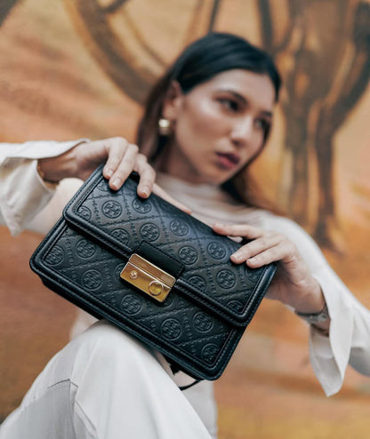 Tory Burch T Monogram Pebbled Leather Shoulder Bag (Black)