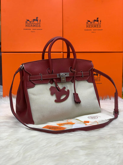 Hermes Fauve Barenia and Toile Swift Birkin 30 Tote Mehroon