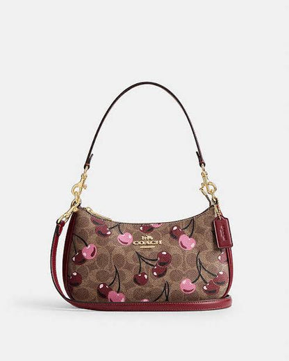 Coach Teri Shoulder Bag Brown Canvas Cherry Design