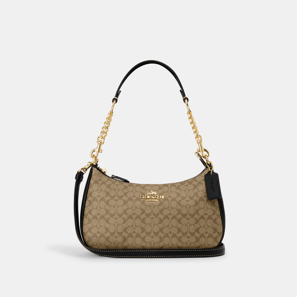 Coach Teri Shoulder Bag Black with Beige Canvas