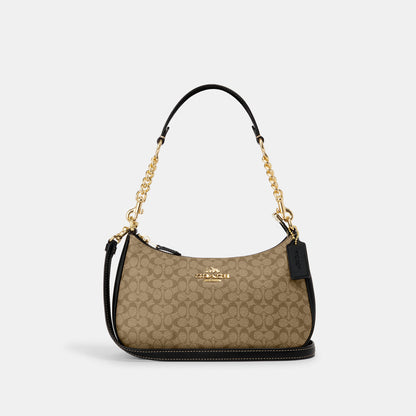 Coach Teri Shoulder Bag Black with Beige Canvas