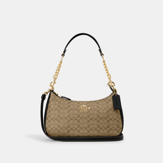 Coach Teri Shoulder Bag Black with Beige Canvas