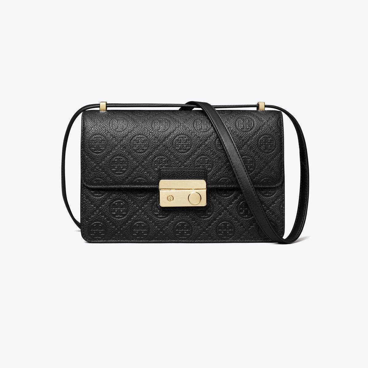 Tory Burch T Monogram Pebbled Leather Shoulder Bag (Black)