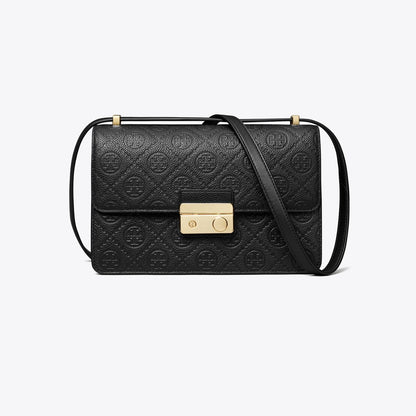 Tory Burch T Monogram Pebbled Leather Shoulder Bag (Black)