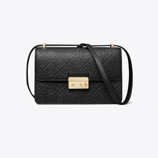 Tory Burch T Monogram Pebbled Leather Shoulder Bag (Black)