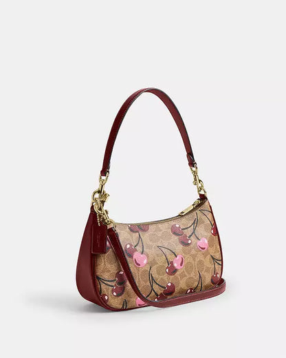 Coach Teri Shoulder Bag Brown Canvas Cherry Design