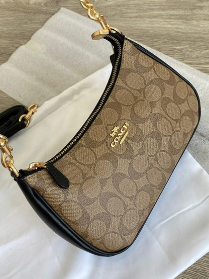 Coach Teri Shoulder Bag Black with Beige Canvas