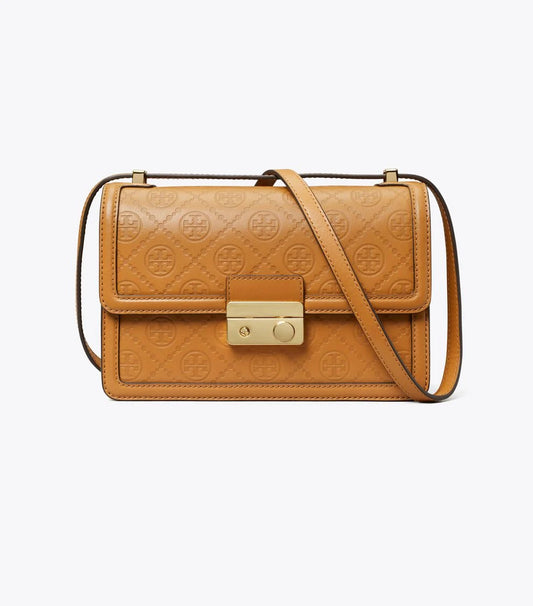 Tory Burch T Monogram Pebbled Leather Shoulder Bag (Brown)